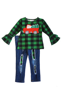 Green plaid ruffle tunic with jeans set CXCKTZ-400885 special sale