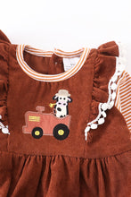 Load image into Gallery viewer, Brown cow truck pom-pom baby onesie
