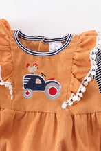 Load image into Gallery viewer, Mustard rooster truck ruffle baby onesie
