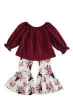 Load image into Gallery viewer, Maroon top with cow skull print bell pants set CXCKTZ-503826
