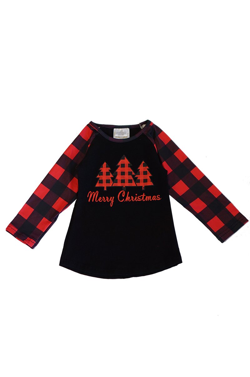 Black red plaid christmas tree raglan shirt CXSY-503980