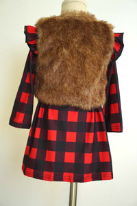 Red black plaid dress with faux fur vest set CXQ-540085