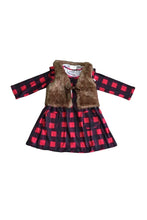 Load image into Gallery viewer, Red black plaid dress with faux fur vest set CXQ-540085
