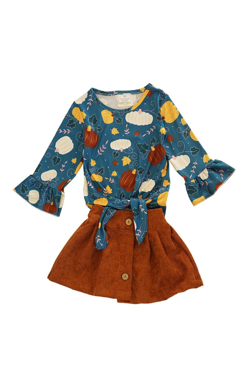 Teal pumpkin print tunic with skirt set CXQTZ-580451