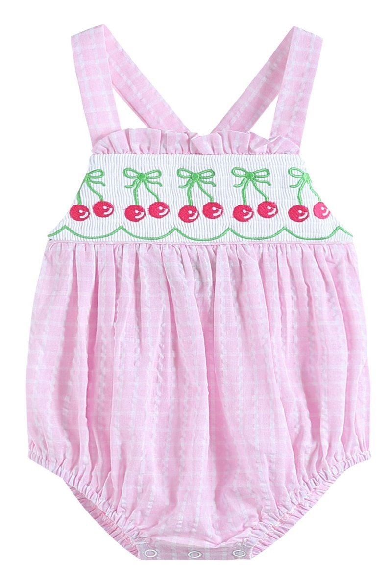 smocked embroidery pink gingham cherry bubble 620021