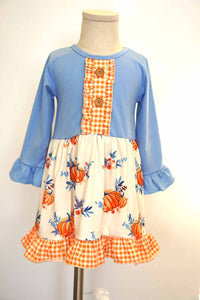 Blue orange pumpkin print ruffle dress 809146