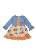 Load image into Gallery viewer, Blue orange pumpkin print ruffle dress 809146
