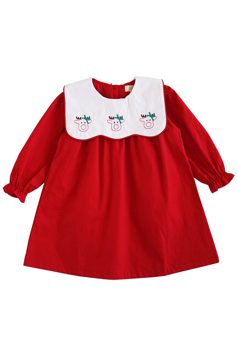 Red reindeer embroidery bishop girls dress 900059