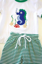Load image into Gallery viewer, Green stripe seahorse applique truck boy shorts set
