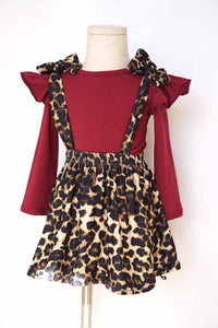 Maroon shirt leopard suspender skirt 2 pcs set CXQTZ-900639