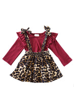 Load image into Gallery viewer, Maroon shirt leopard suspender skirt 2 pcs set CXQTZ-900639
