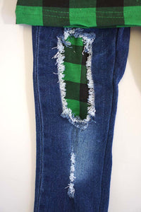 Green plaid santa applique denim jeans set CXCKTZ-400886