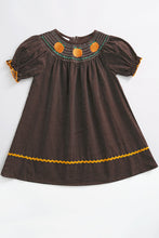Load image into Gallery viewer, Brown pumpkin smocked polkadot sleeve dress
