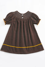 Load image into Gallery viewer, Brown pumpkin smocked polkadot sleeve dress
