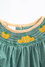 Load image into Gallery viewer, Green pumpkin smocked dress
