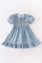 Load image into Gallery viewer, Blue floral smocked  puff sleeve ruffle dress
