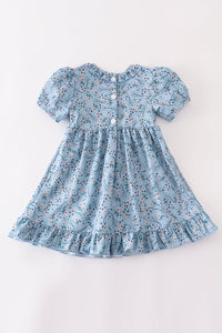 Blue floral smocked  puff sleeve ruffle dress