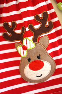 Red stripe reindeer applique ruffle dress QZ-319507