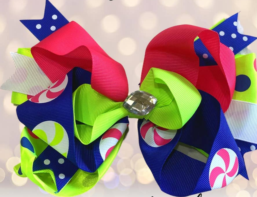 Neon Green/Pink Boutique Hair Bow with Rhinestone