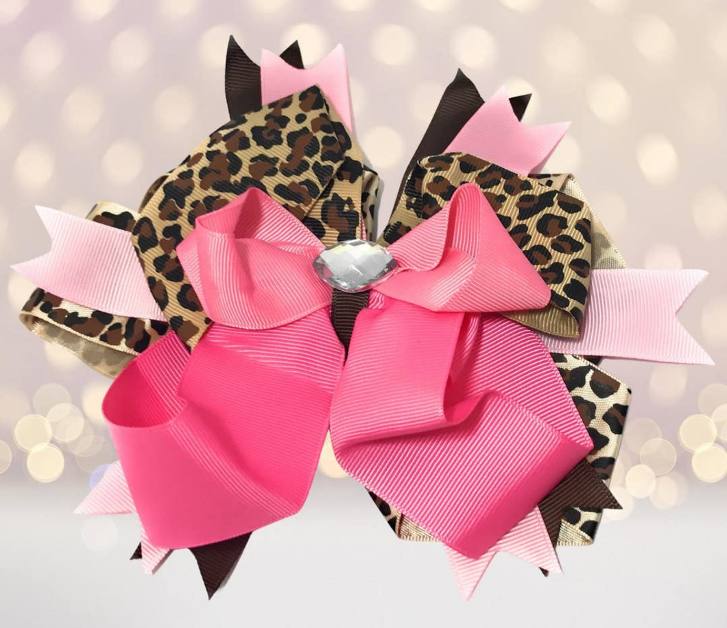 Pink/Leopard Boutique Hair Bow with Rhinestone