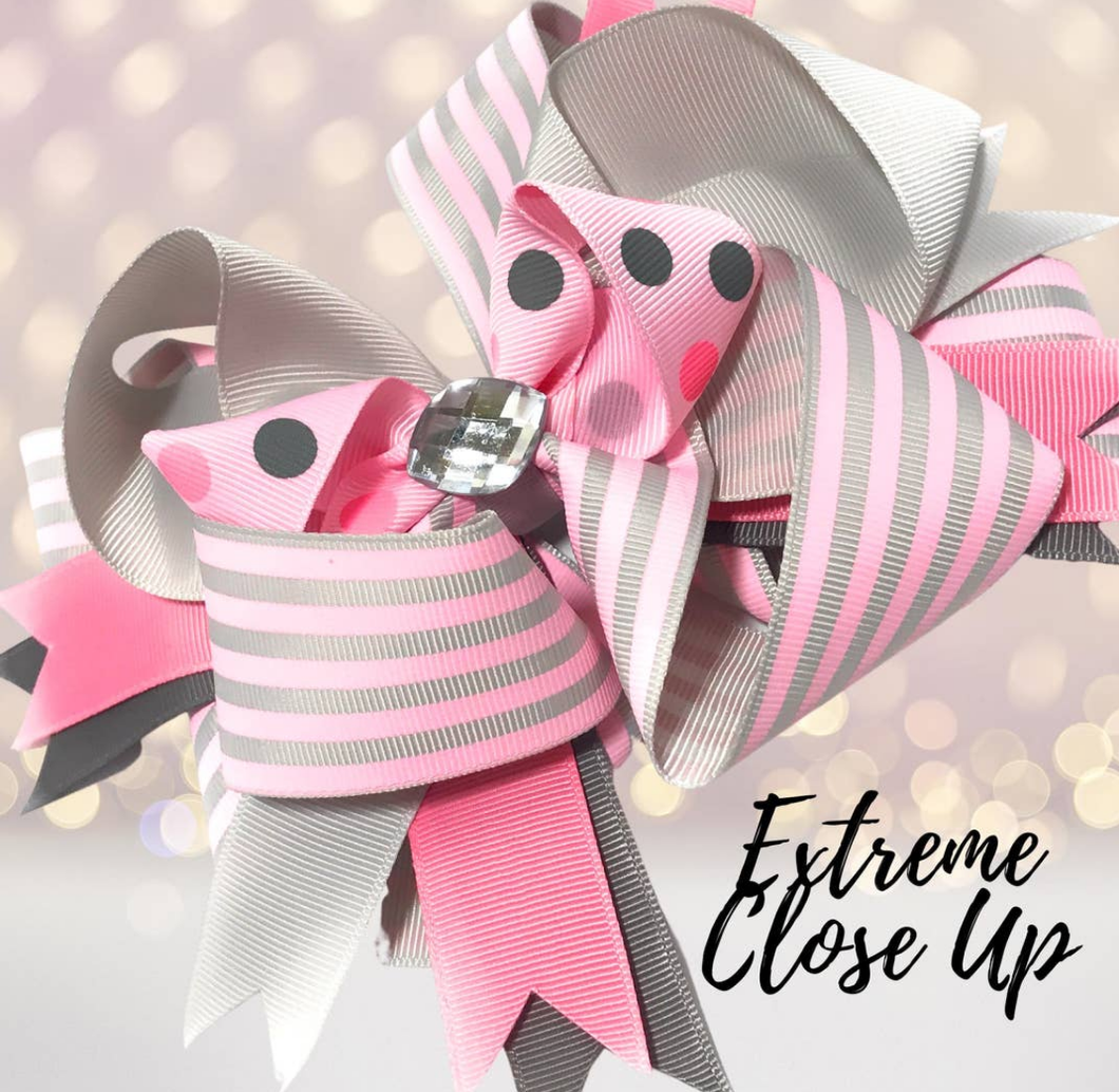 Shell Grey/Pink Boutique Hair Bow with Rhinestone
