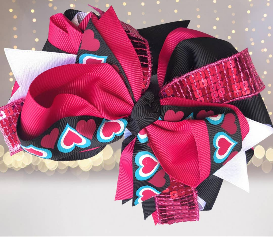 Pink Sequin and Hearts Boutique Hair Bow