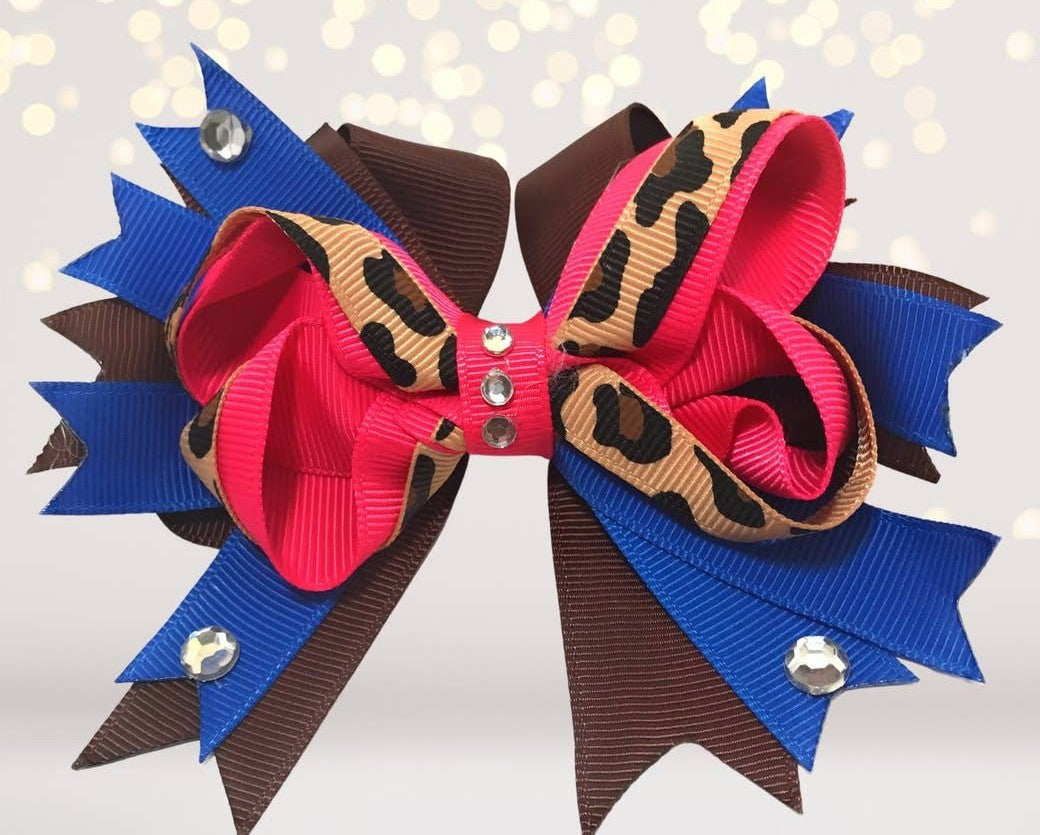 Girls Leopard and Blue Boutique Hair Bow