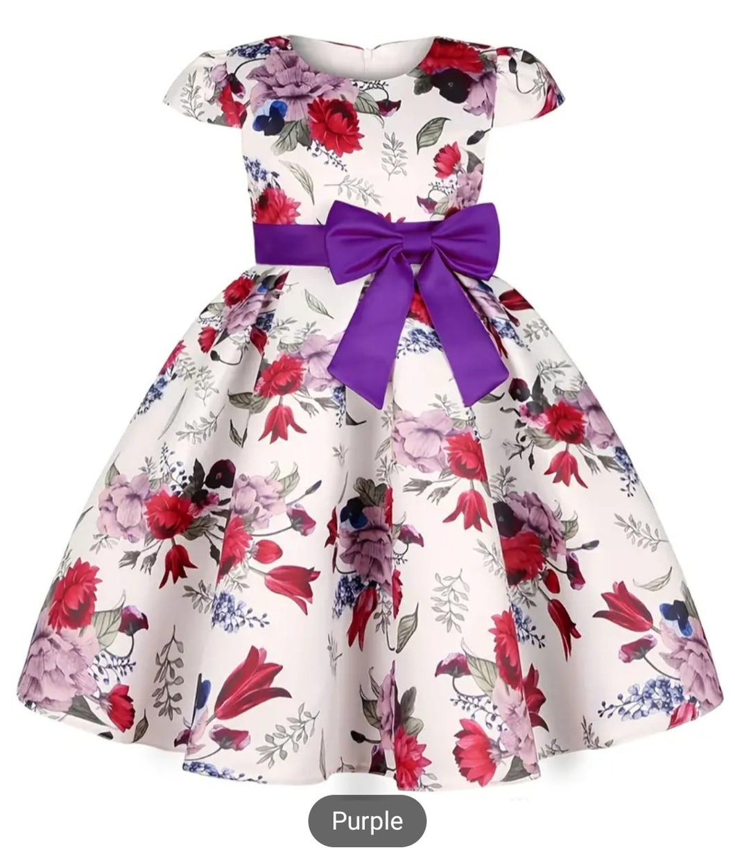(PREORDER) Girls Violet Floral Print Bow Knot Dress