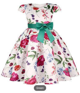 (PREORDER) Girls Green Floral Print Bow Knot Dress