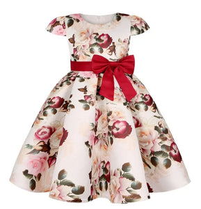 (PREORDER) Girls Red Floral Print Bow Knot Dress