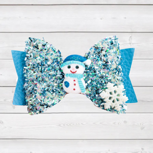 Holiday Hairbow - Blue Glitter Snowman
