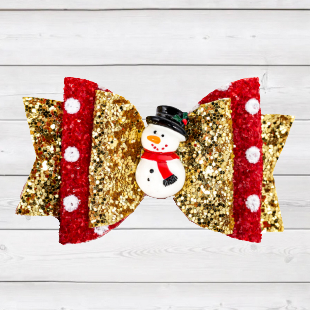 Holiday Hairbow - Gold Glitter/Red Dot Snowman