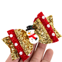 Load image into Gallery viewer, Holiday Hairbow - Gold Glitter/Red Dot Snowman
