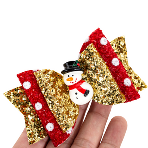 Holiday Hairbow - Gold Glitter/Red Dot Snowman