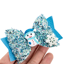 Load image into Gallery viewer, Holiday Hairbow - Blue Glitter Snowman
