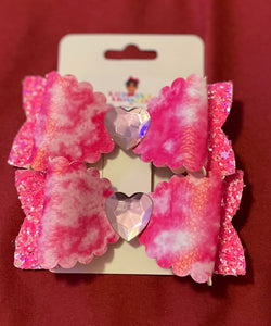 2pk Pink Tie Dye and Glitter with Heart Hair Bow