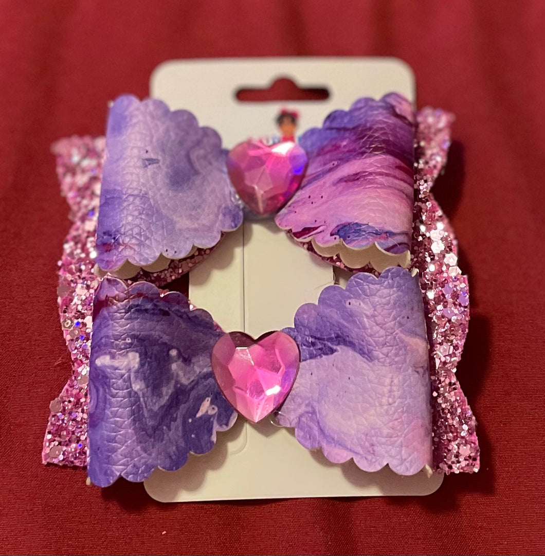 2pk Purple Tie Dye and Glitter with Heart Hair Bow
